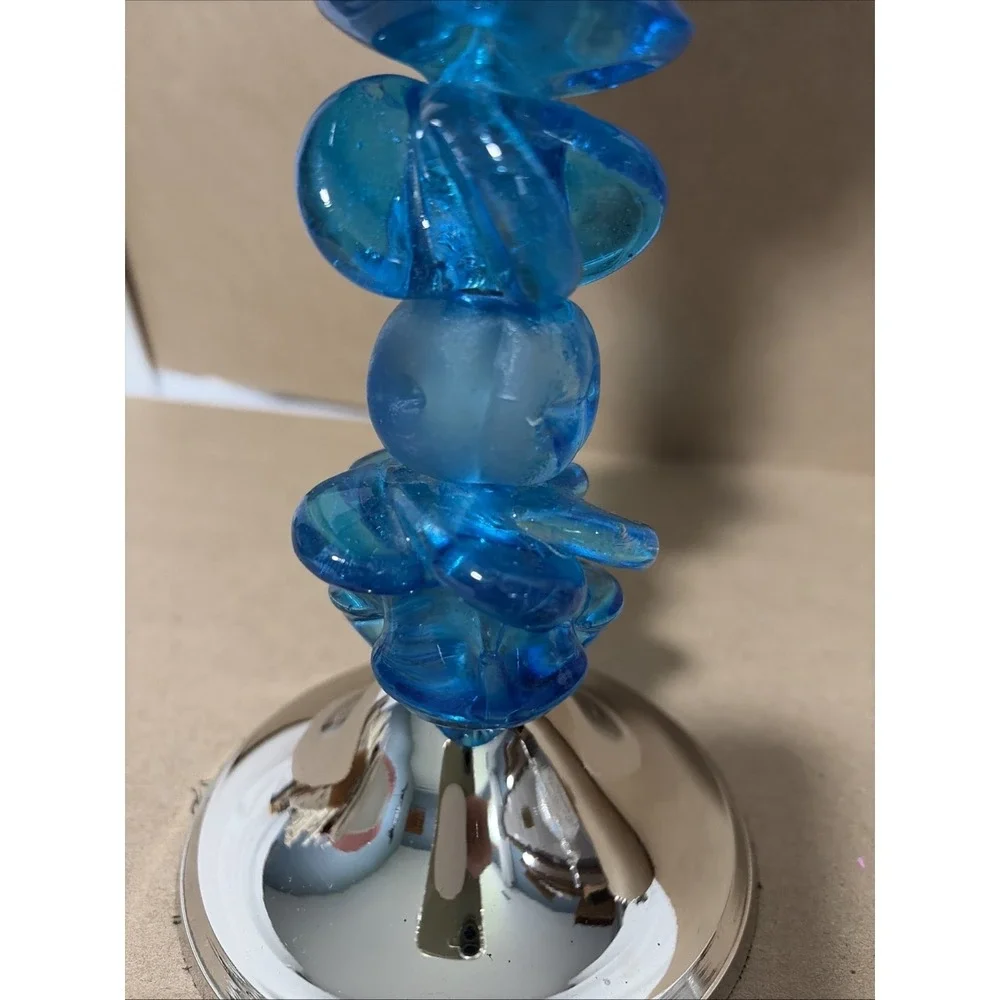 Blue Acrylic Stacked Resin Pillar Candlestick Holder 11.5in Metallic 1970s Style